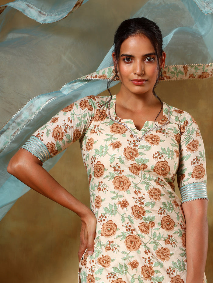 Ivory Floral Printed Cotton Salwar Set With Sky Blue Dupatta
