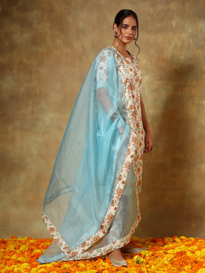 Ivory Floral Printed Cotton Salwar Set With Sky Blue Dupatta