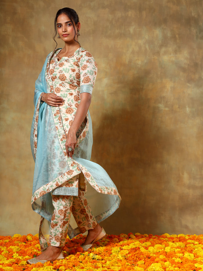 Ivory Floral Printed Cotton Salwar Set With Sky Blue Dupatta