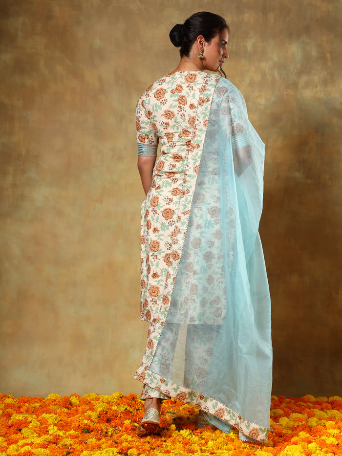 Ivory Floral Printed Cotton Salwar Set With Sky Blue Dupatta
