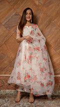 Ivory Floral Printed Organza Anarkali Set With Scalloped Edges
