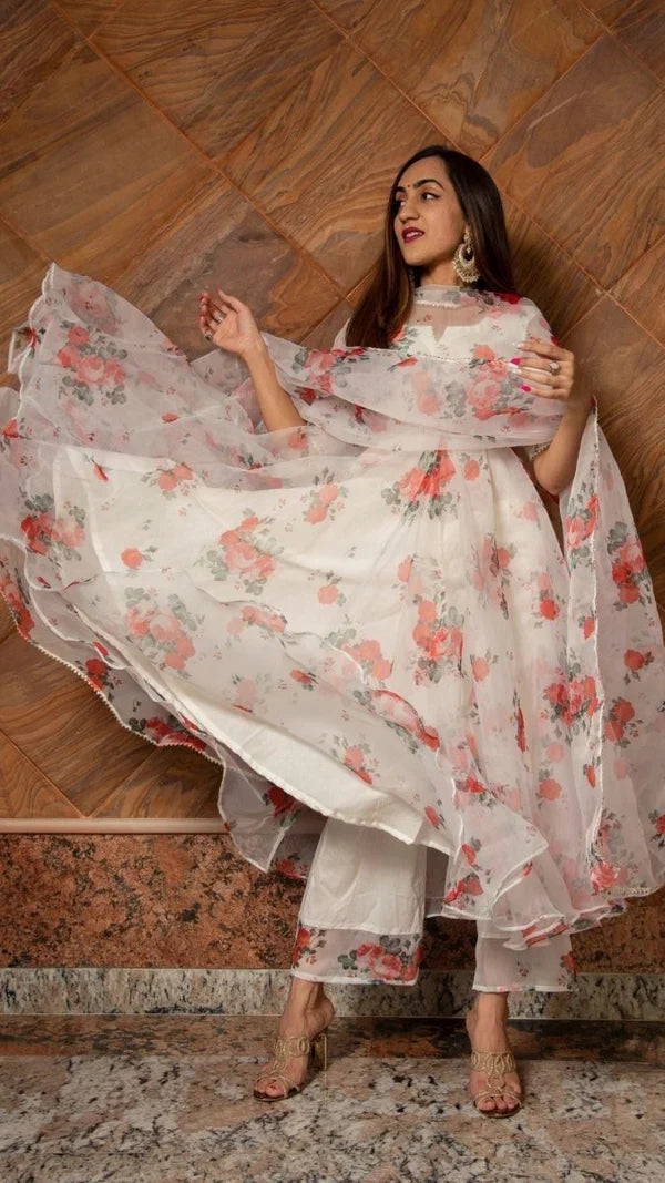 Ivory Floral Printed Organza Anarkali Set With Scalloped Edges