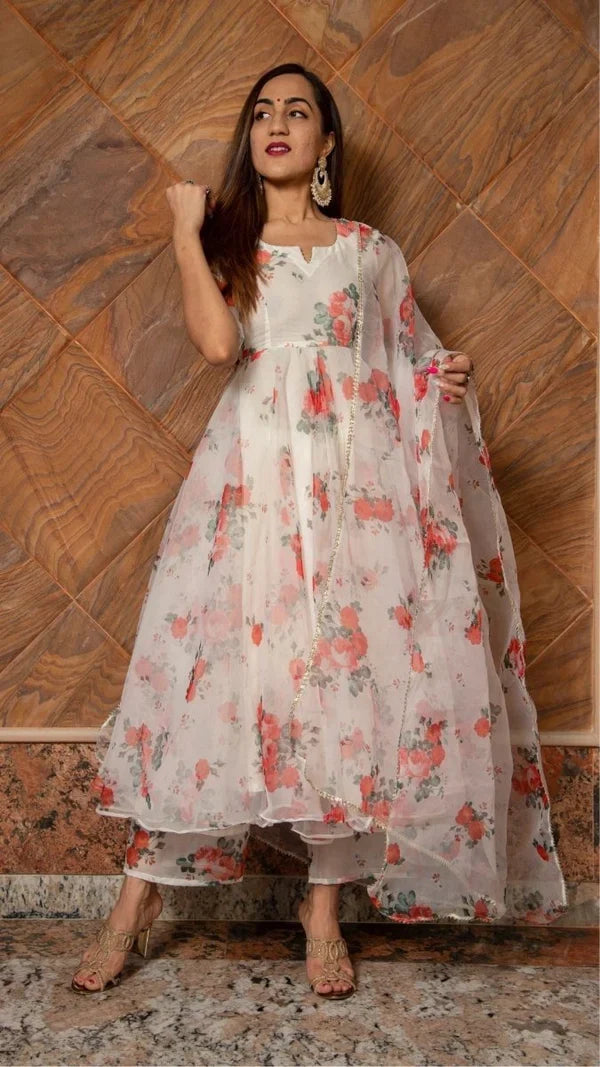 Ivory Floral Printed Organza Anarkali Set With Scalloped Edges