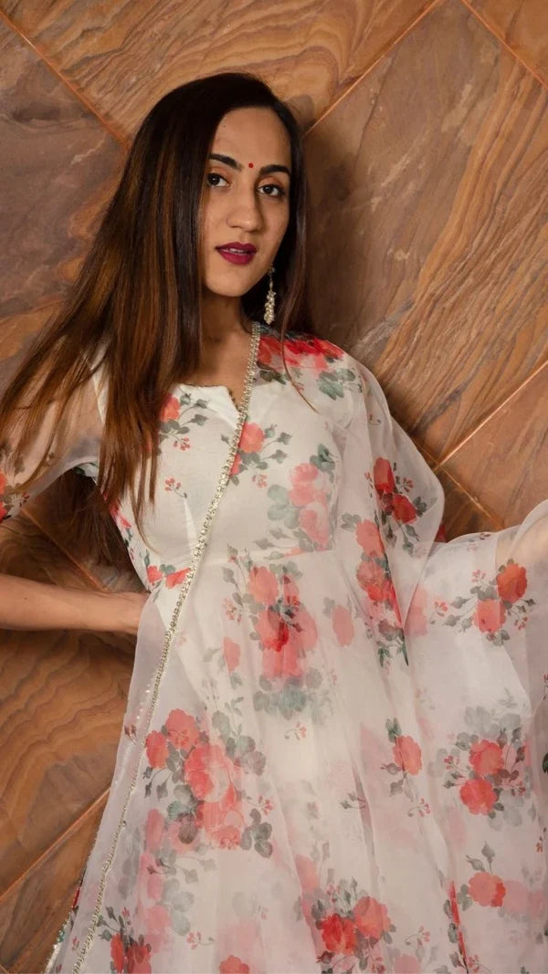 Ivory Floral Printed Organza Anarkali Set With Scalloped Edges