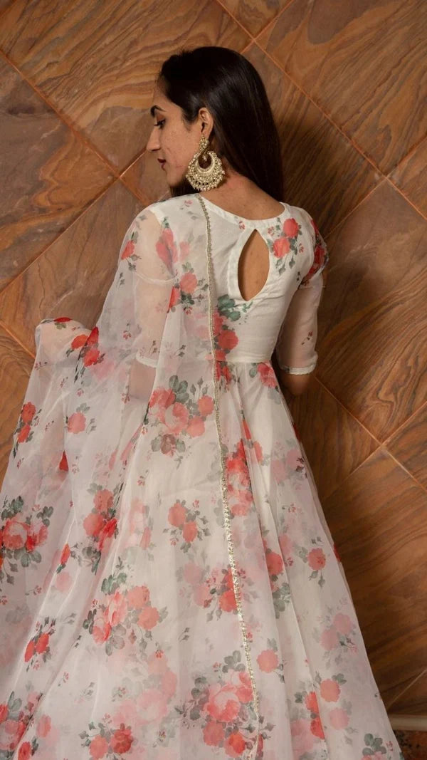 Ivory Floral Printed Organza Anarkali Set With Scalloped Edges