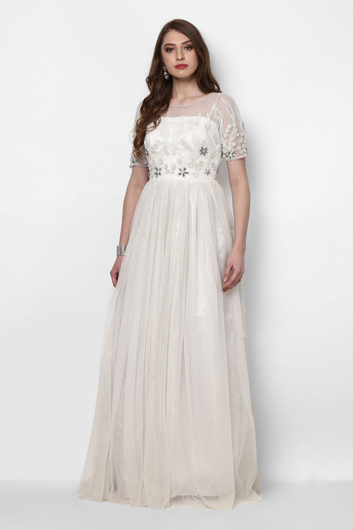 Ivory Net Gown With Sheer Beaded Vine Embroidered Bodice