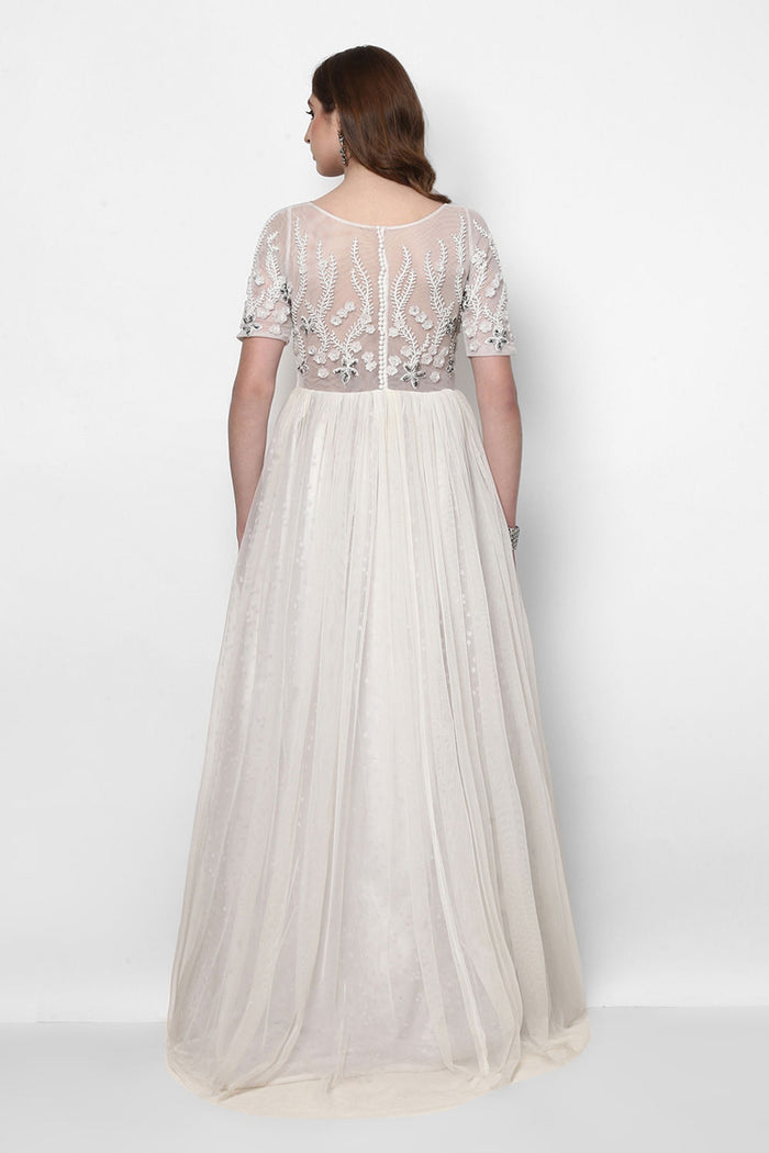 Ivory Net Gown With Sheer Beaded Vine Embroidered Bodice