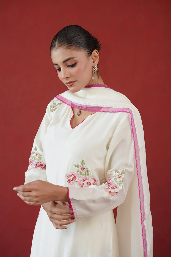 Ivory Pink Cross Stitch Kurti