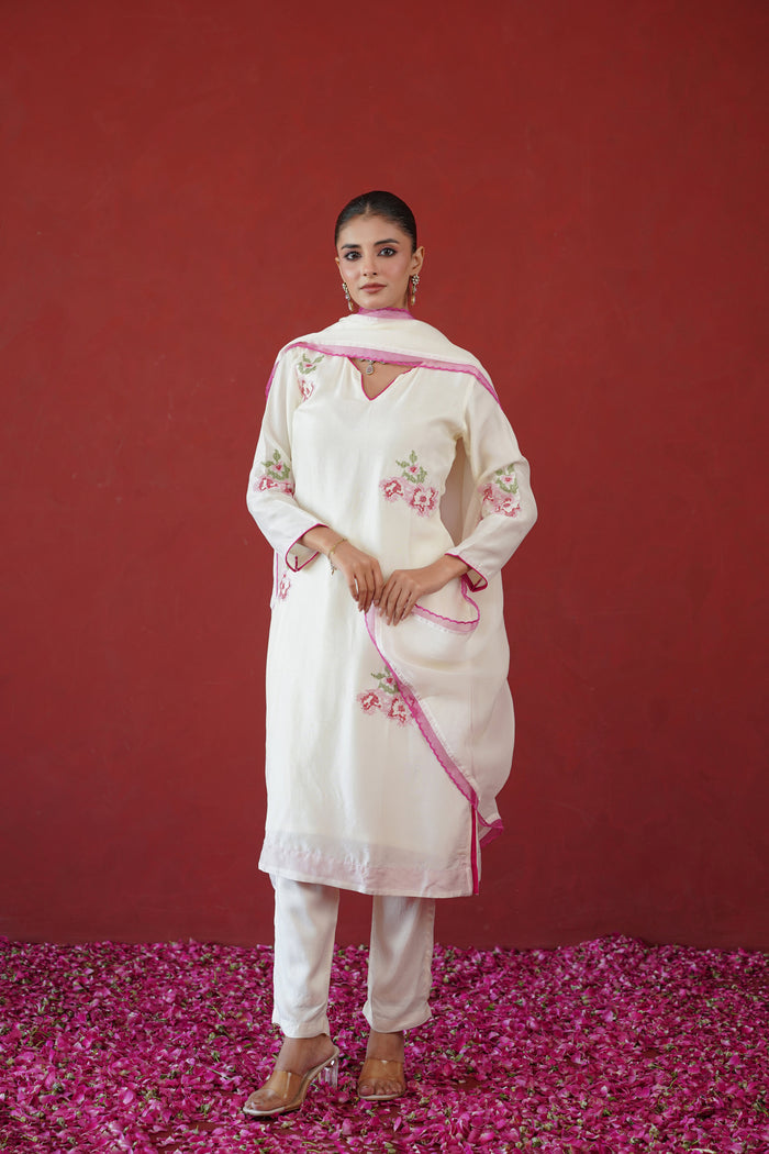 Ivory Pink Cross Stitch Kurti