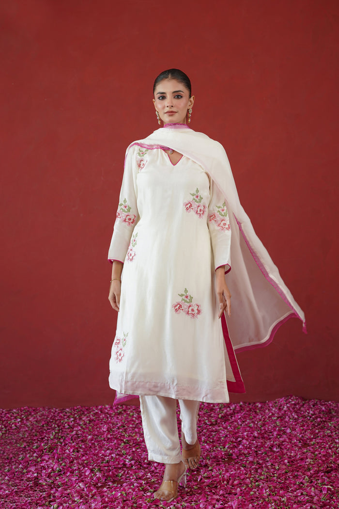Ivory Pink Cross Stitch Kurti