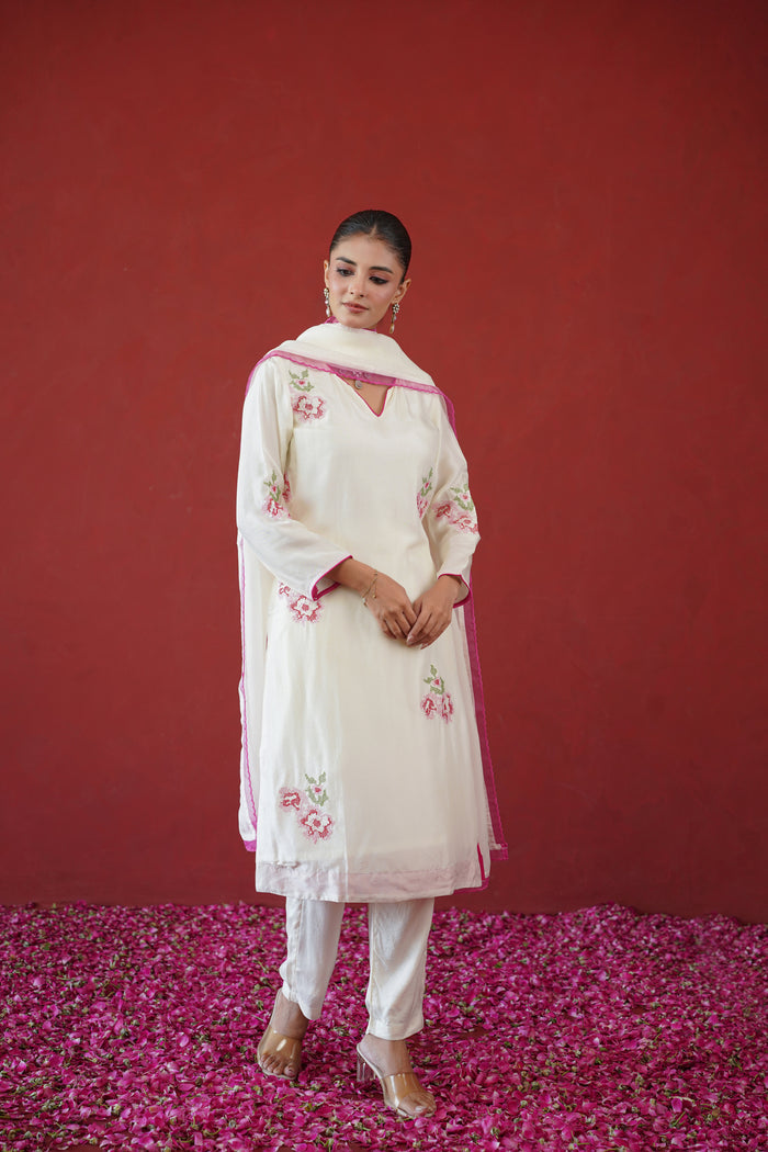 Ivory Pink Cross Stitch Kurti