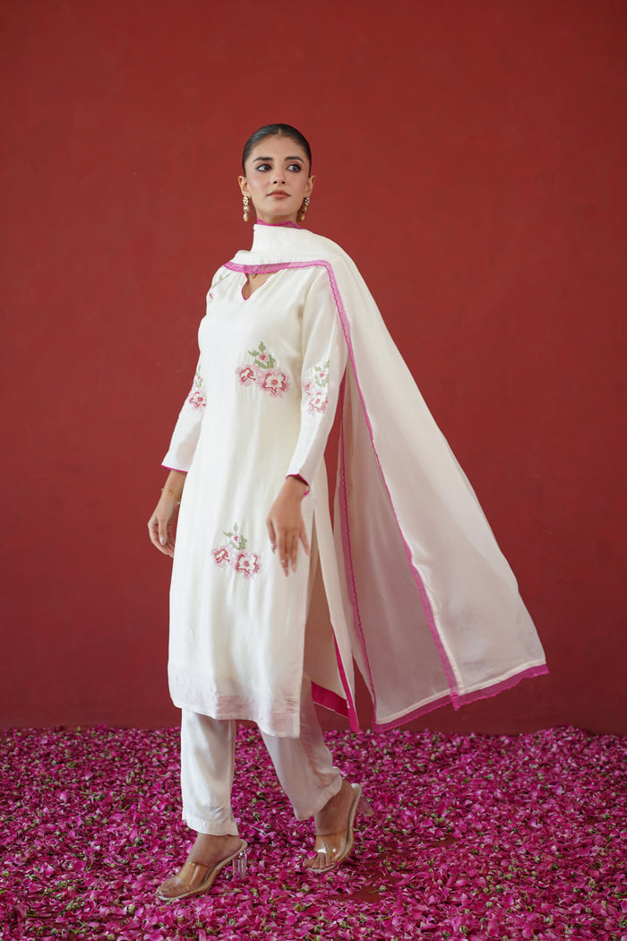 Ivory Pink Cross Stitch Kurti