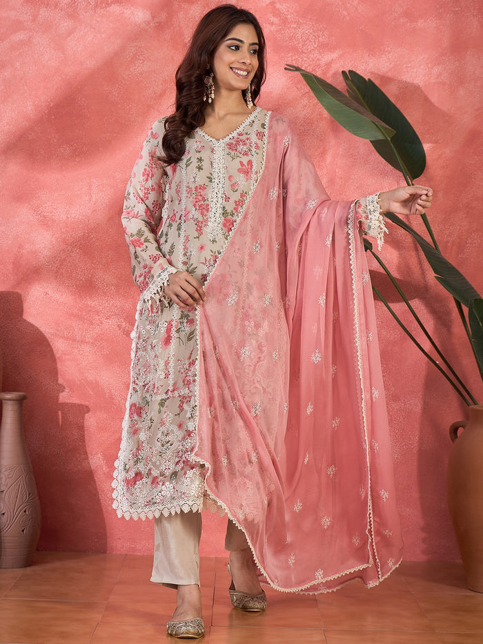 Ivory Pink Floral Print Organza Kurti With Pink Dupatta