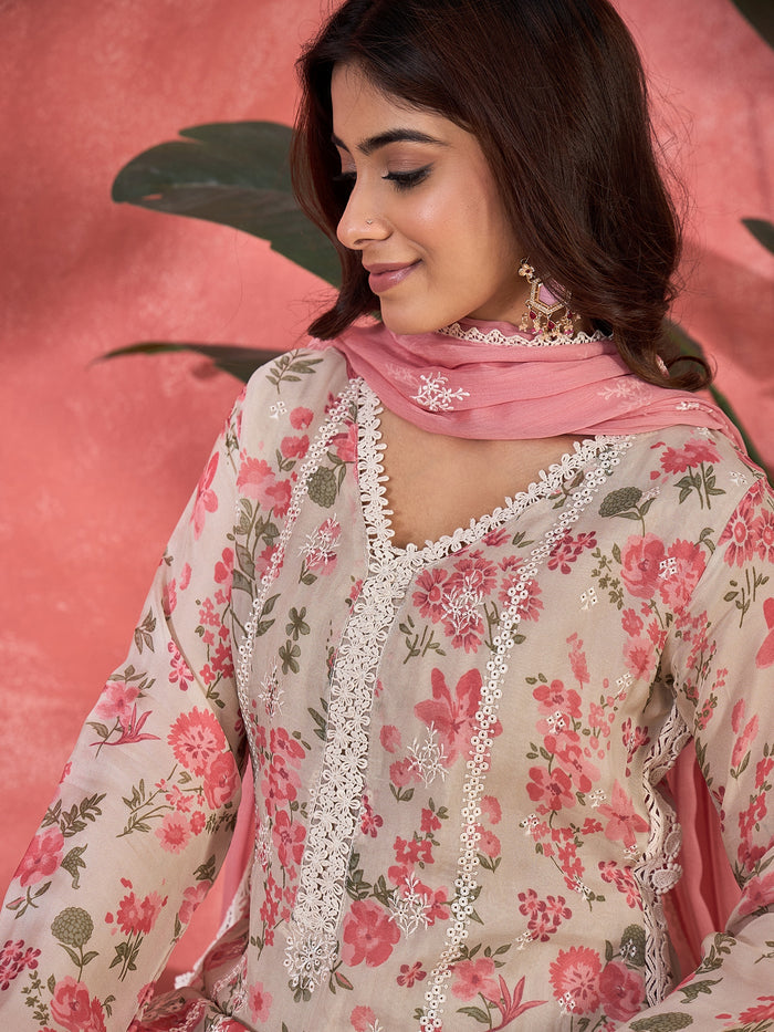 Ivory Pink Floral Print Organza Kurti With Pink Dupatta