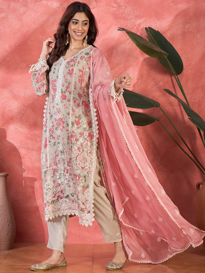Ivory Pink Floral Print Organza Kurti With Pink Dupatta