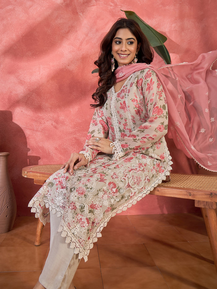 Ivory Pink Floral Print Organza Kurti With Pink Dupatta