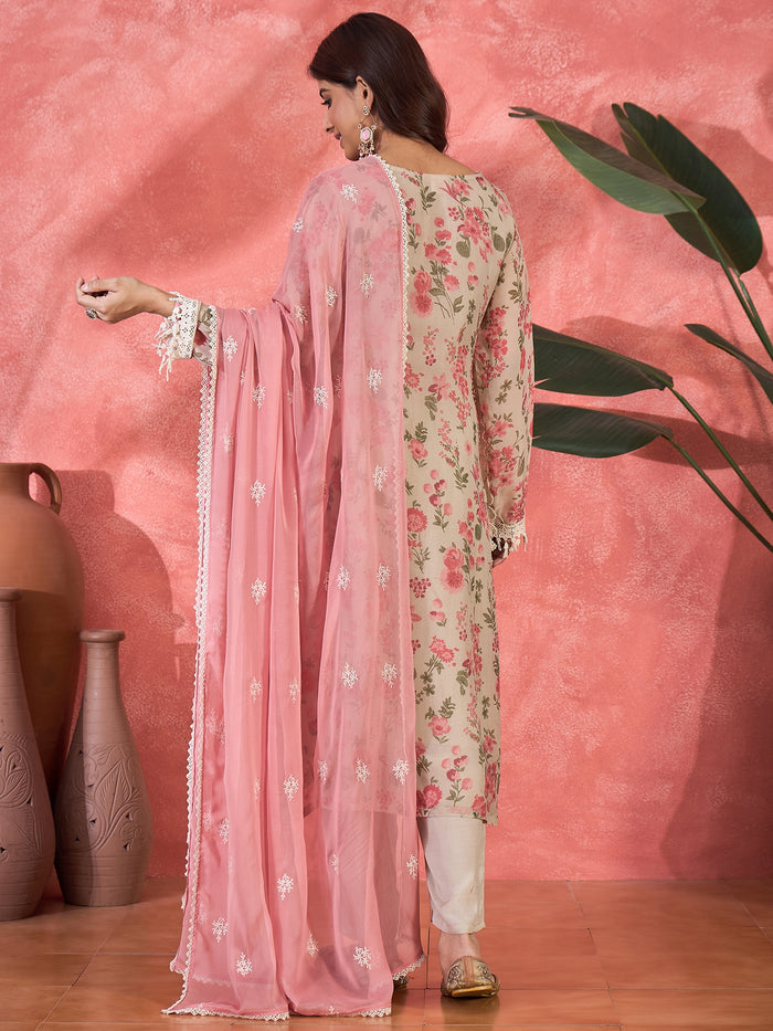 Ivory Pink Floral Print Organza Kurti With Pink Dupatta