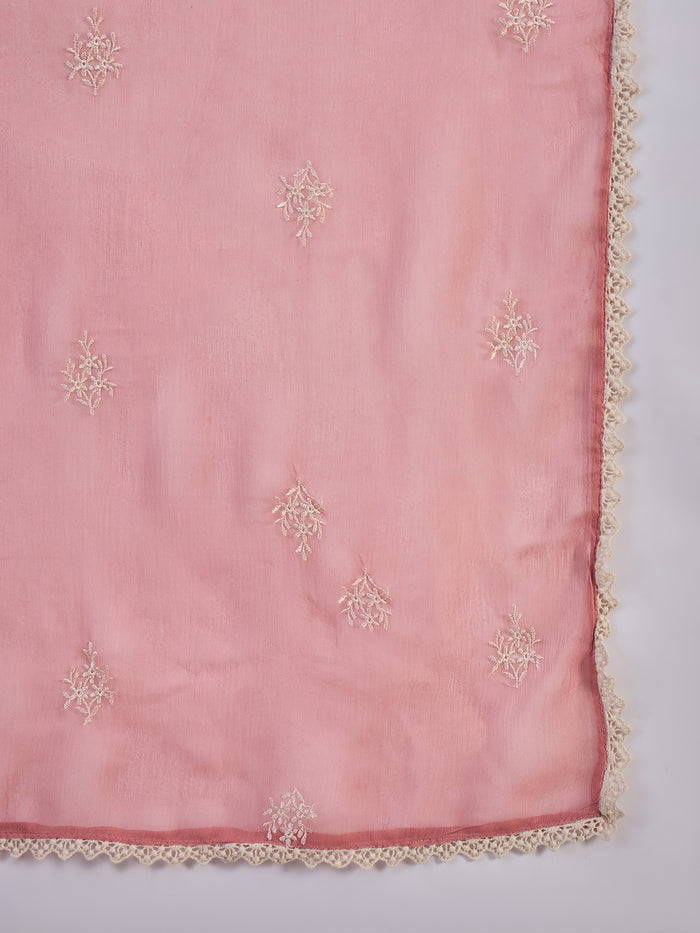 Ivory Pink Floral Print Organza Kurti With Pink Dupatta