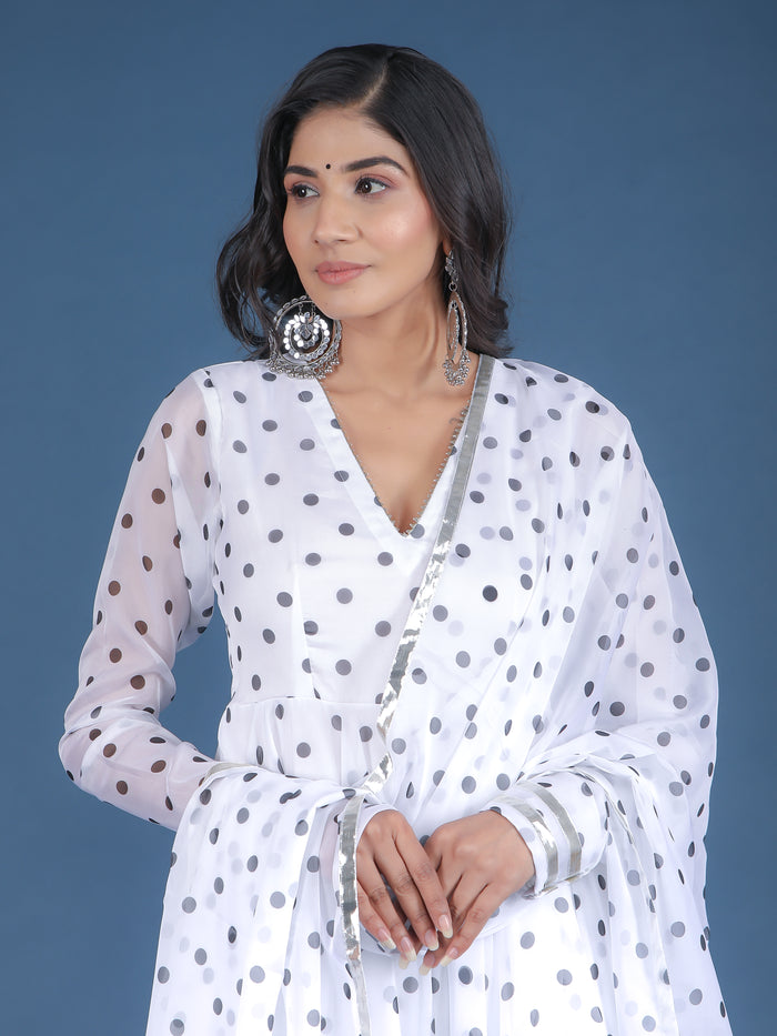 Ivory Polka Dot Sheer Anarkali Set