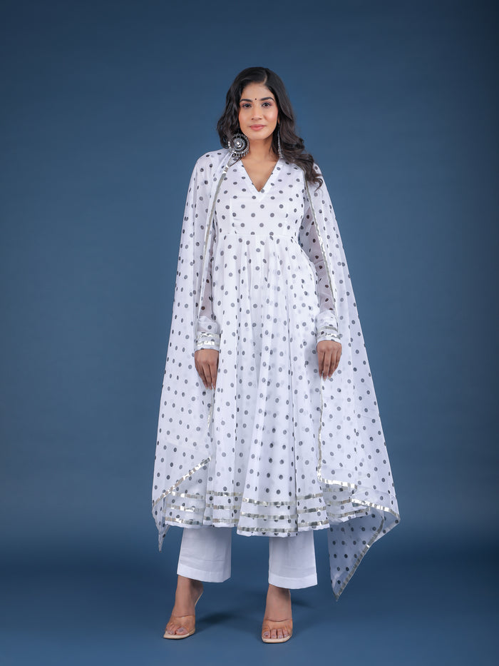 Ivory Polka Dot Sheer Anarkali Set