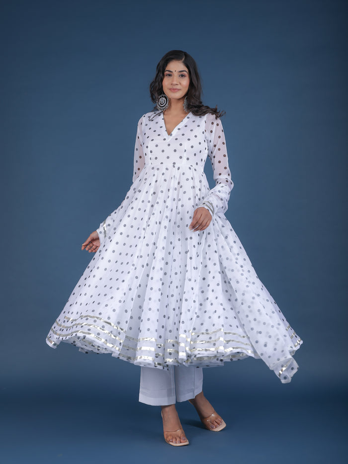 Ivory Polka Dot Sheer Anarkali Set
