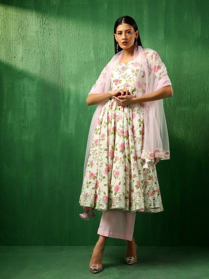 Ivory Rose Printed Blended Fabric Anarkali Set With Pastel Dupatta