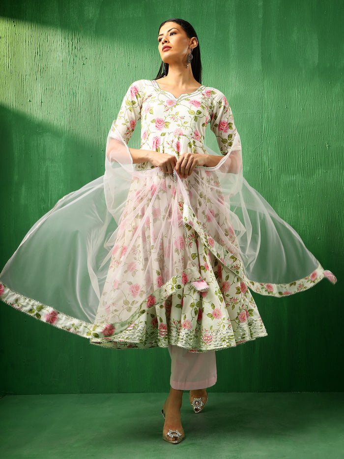Ivory Rose Printed Blended Fabric Anarkali Set With Pastel Dupatta