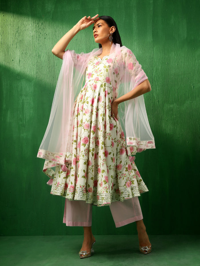 Ivory Rose Printed Blended Fabric Anarkali Set With Pastel Dupatta