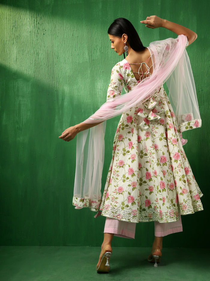 Ivory Rose Printed Blended Fabric Anarkali Set With Pastel Dupatta