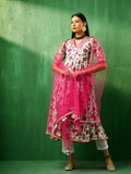 Ivory Rose Printed Blended Fabric Anarkali Set With Pink Dupatta