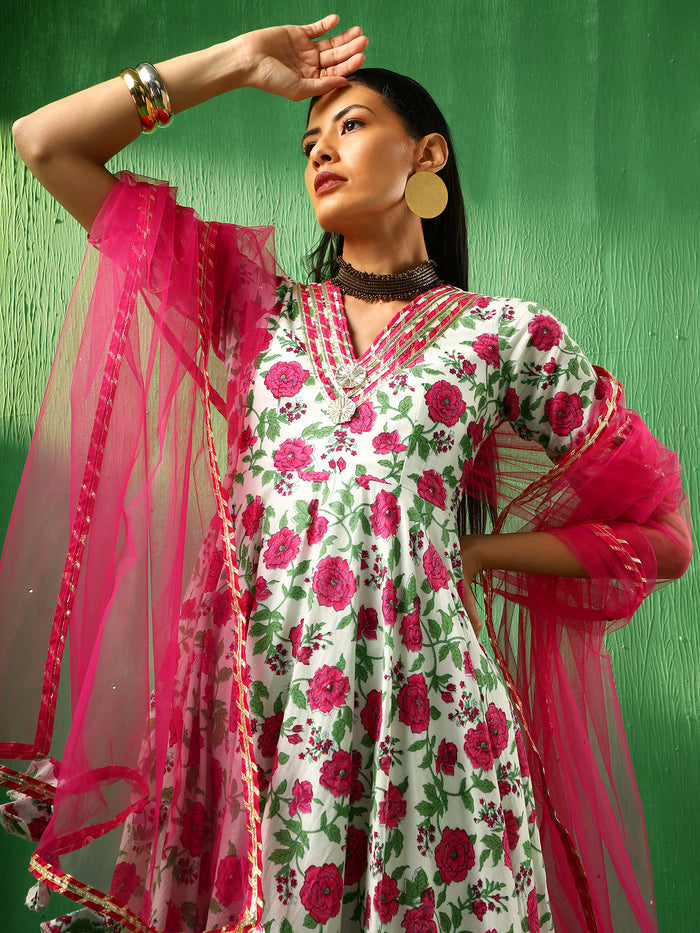 Ivory Rose Printed Blended Fabric Anarkali Set With Pink Dupatta
