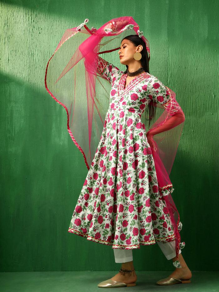 Ivory Rose Printed Blended Fabric Anarkali Set With Pink Dupatta