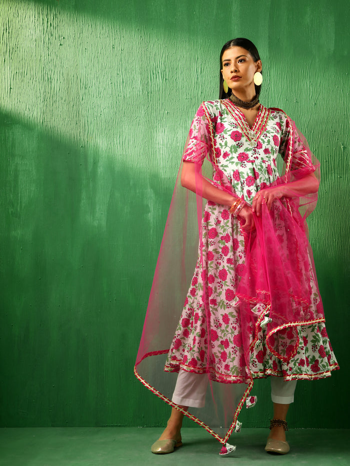 Ivory Rose Printed Blended Fabric Anarkali Set With Pink Dupatta