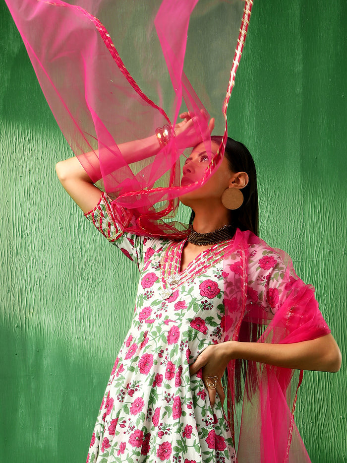 Ivory Rose Printed Blended Fabric Anarkali Set With Pink Dupatta