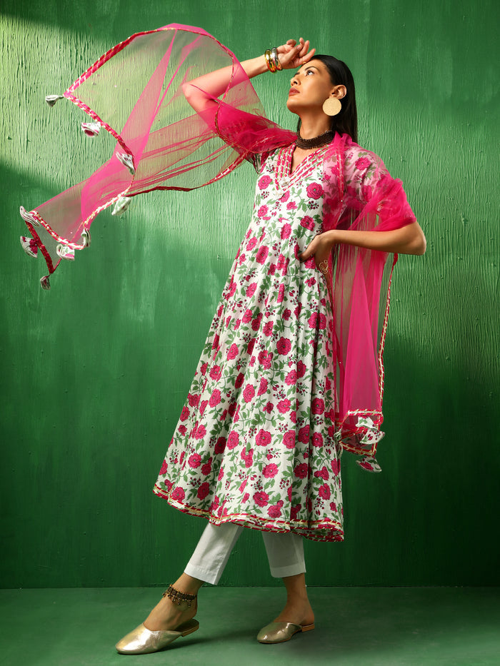 Ivory Rose Printed Blended Fabric Anarkali Set With Pink Dupatta