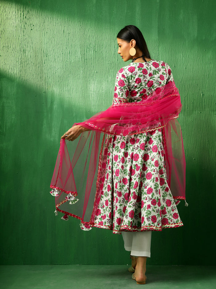 Ivory Rose Printed Blended Fabric Anarkali Set With Pink Dupatta