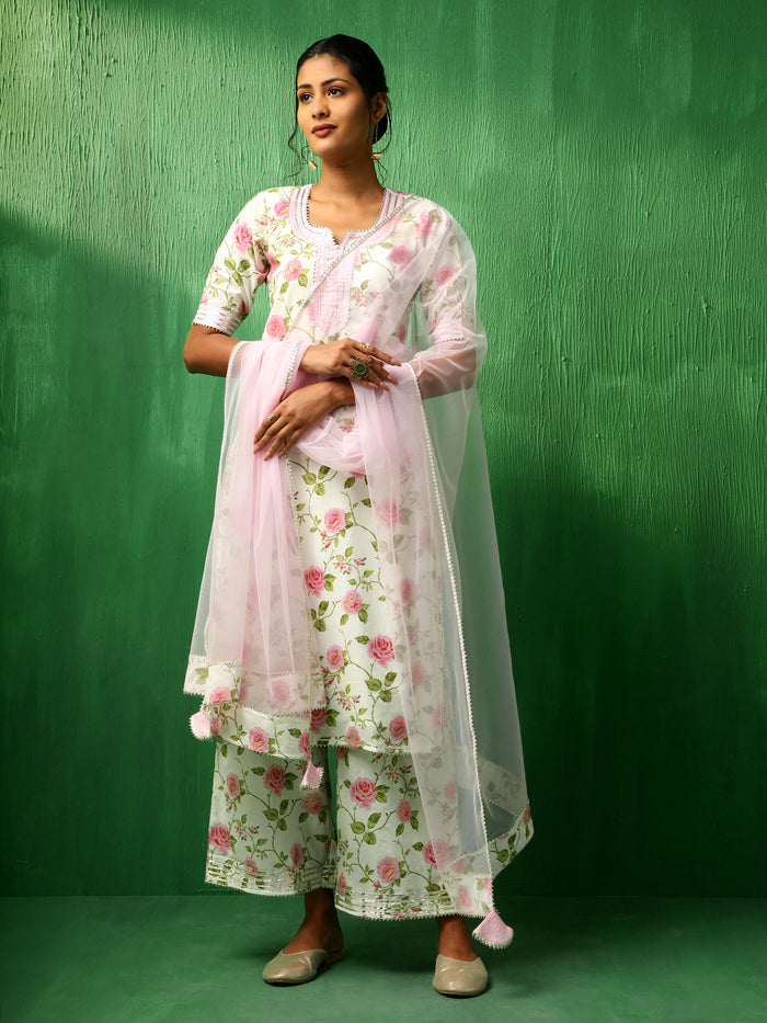 Ivory Rose Printed Blended Fabric Salwar Set With Pink Dupatta