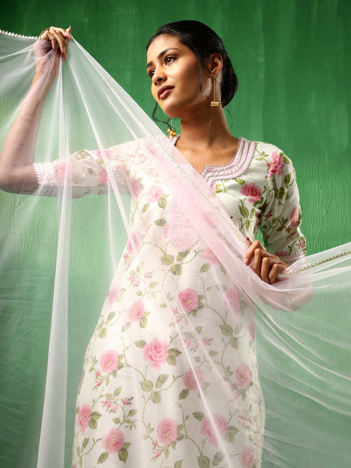 Ivory Rose Printed Blended Fabric Salwar Set With Pink Dupatta
