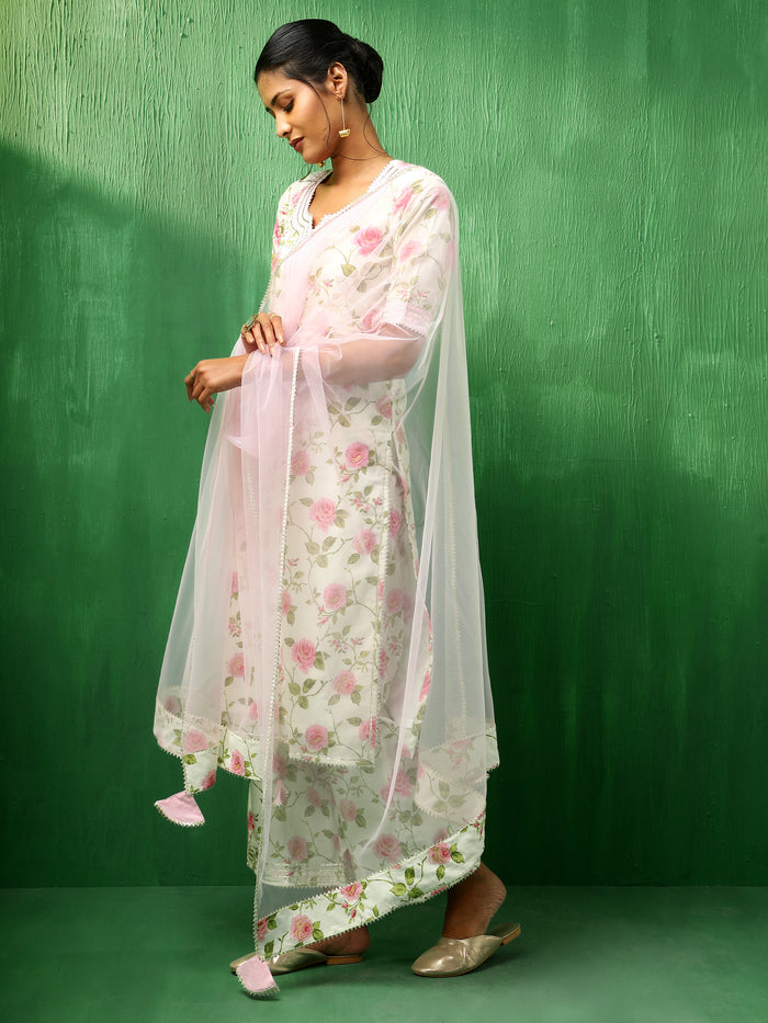 Ivory Rose Printed Blended Fabric Salwar Set With Pink Dupatta