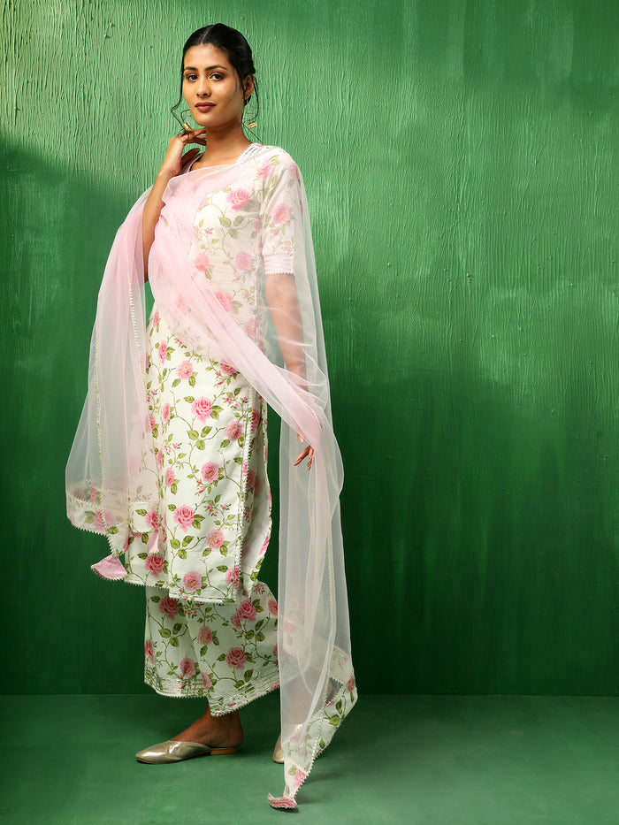 Ivory Rose Printed Blended Fabric Salwar Set With Pink Dupatta