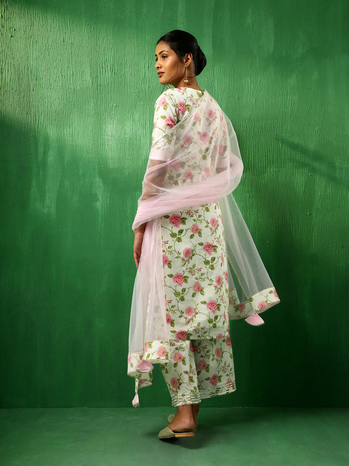 Ivory Rose Printed Blended Fabric Salwar Set With Pink Dupatta