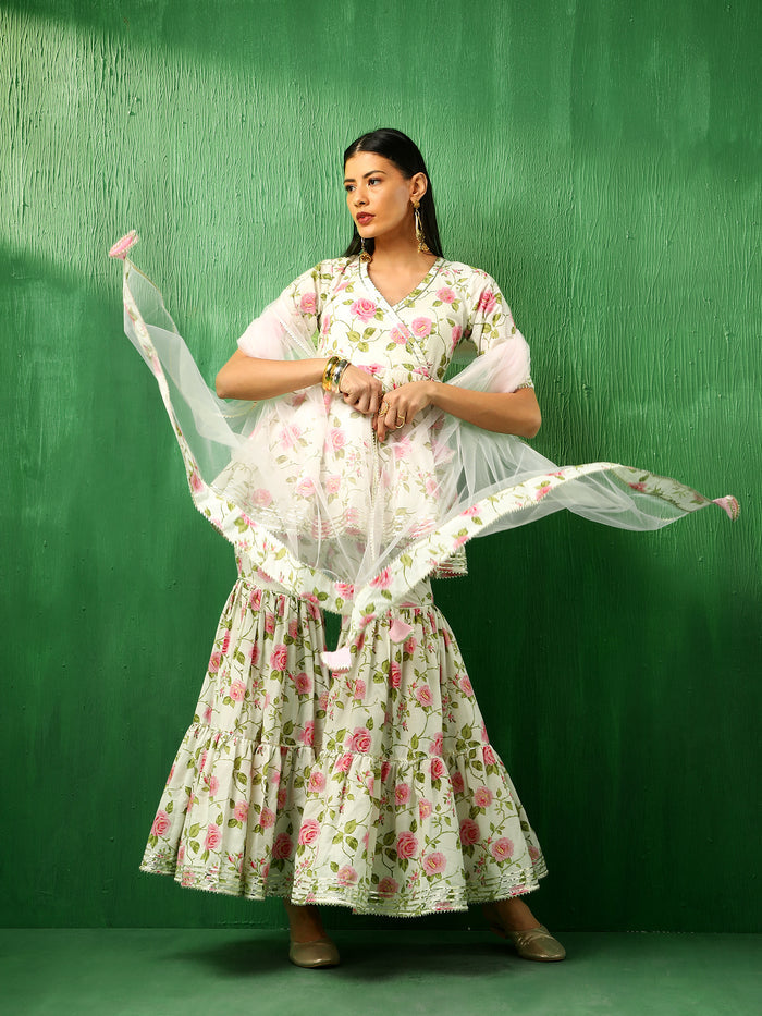 Ivory Rose Printed Blended Fabric Sharara Set With Pastel Dupatta
