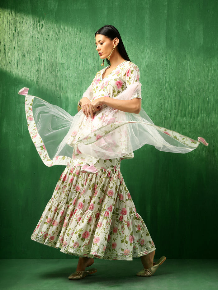 Ivory Rose Printed Blended Fabric Sharara Set With Pastel Dupatta