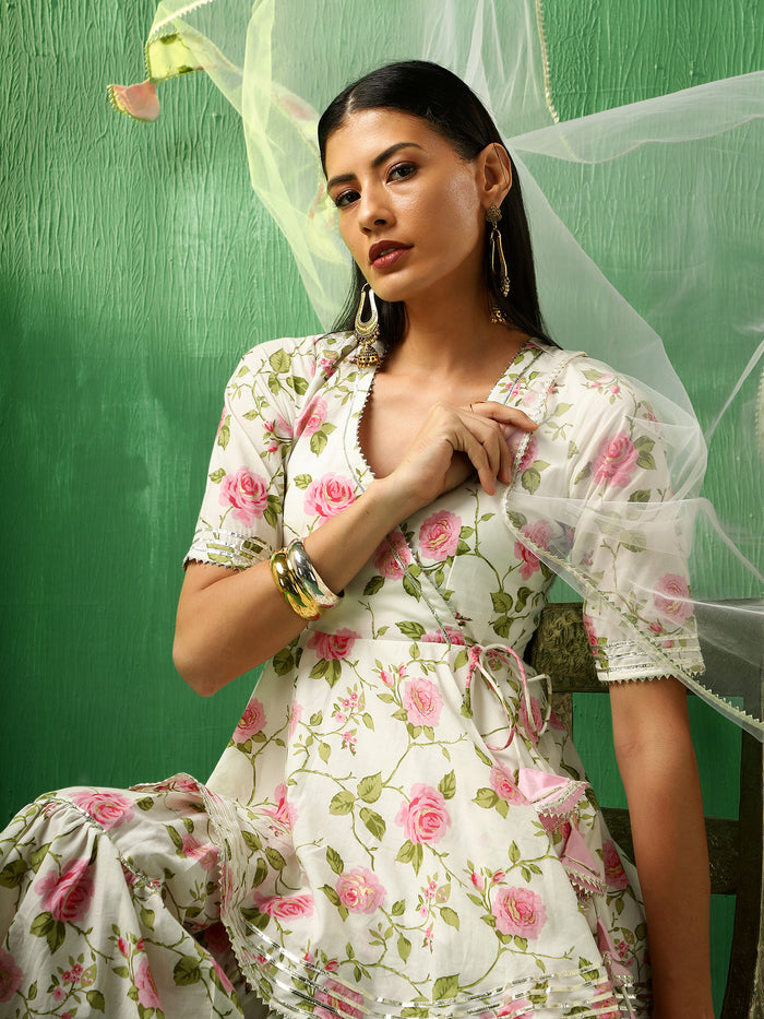 Ivory Rose Printed Blended Fabric Sharara Set With Pastel Dupatta