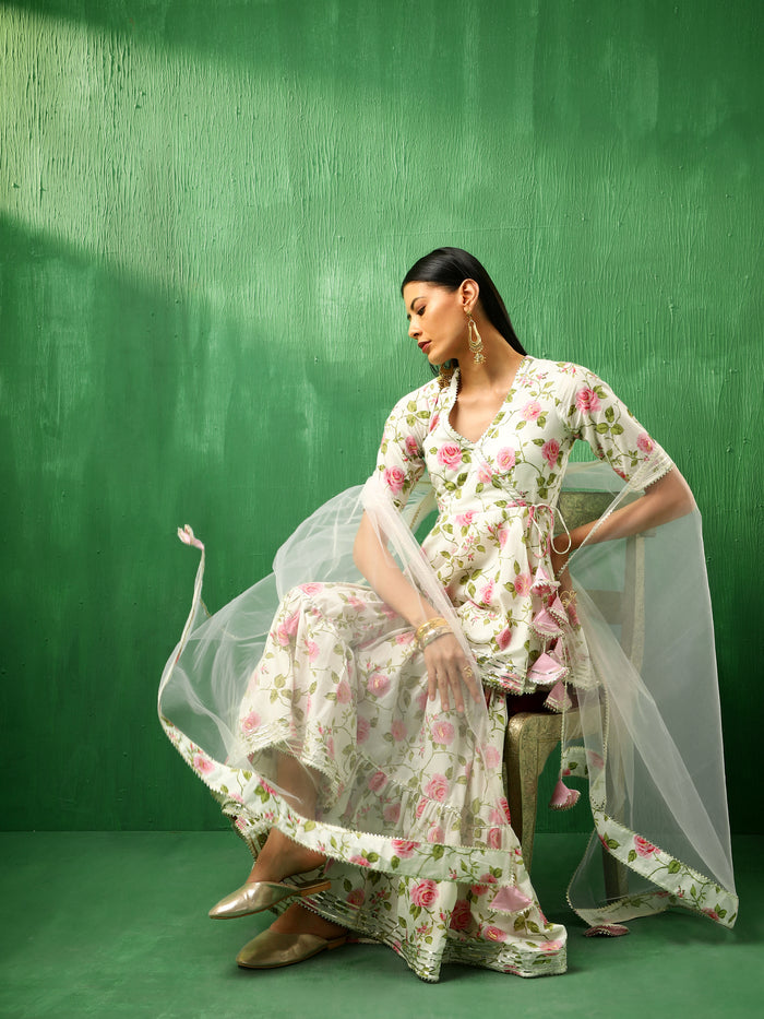 Ivory Rose Printed Blended Fabric Sharara Set With Pastel Dupatta