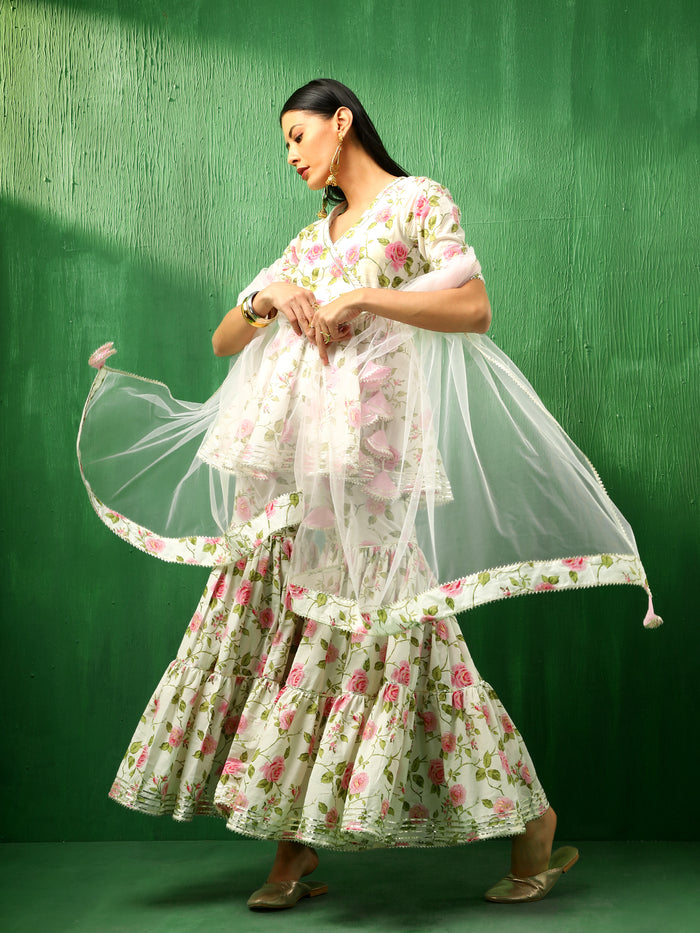 Ivory Rose Printed Blended Fabric Sharara Set With Pastel Dupatta