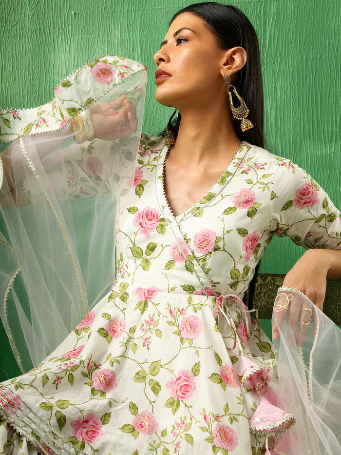 Ivory Rose Printed Blended Fabric Sharara Set With Pastel Dupatta