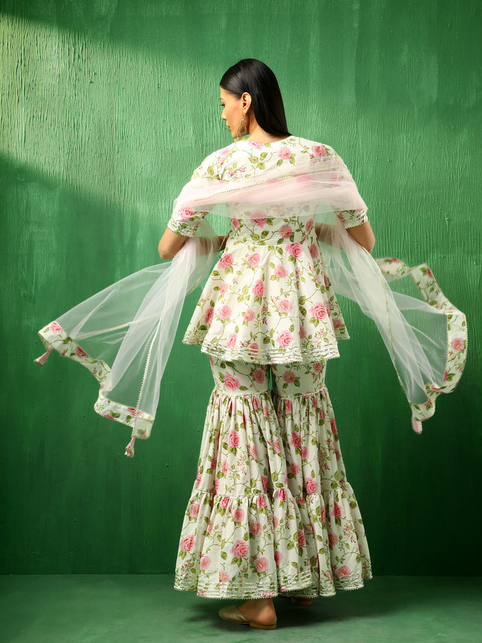 Ivory Rose Printed Blended Fabric Sharara Set With Pastel Dupatta