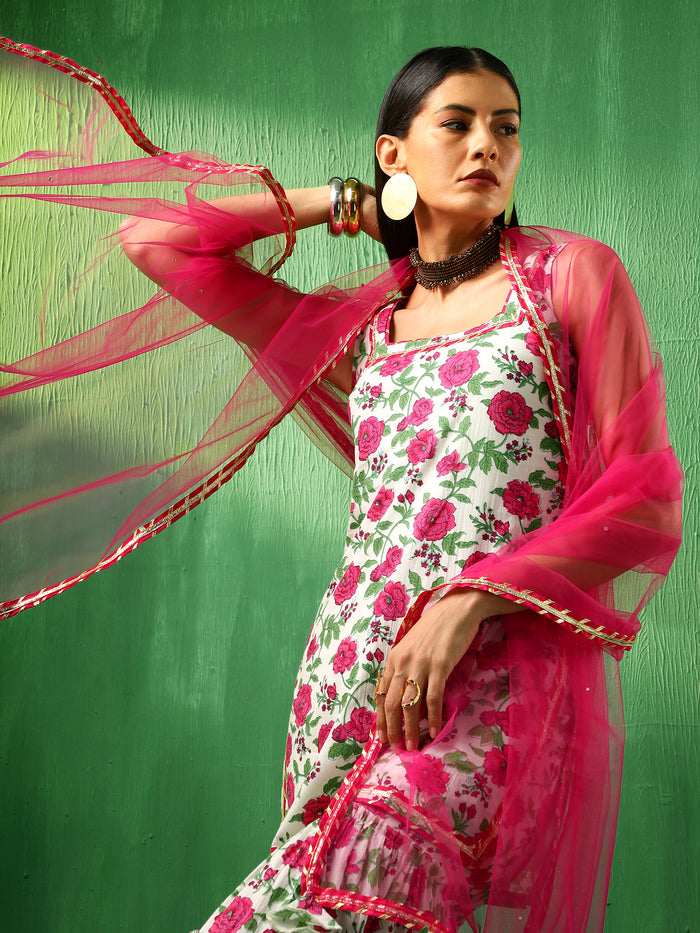 Ivory Rose Printed Blended Fabric Sharara Set With Pink Dupatta