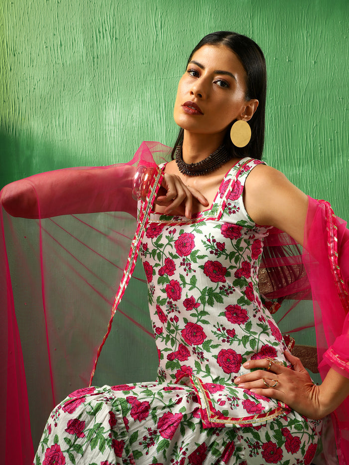 Ivory Rose Printed Blended Fabric Sharara Set With Pink Dupatta